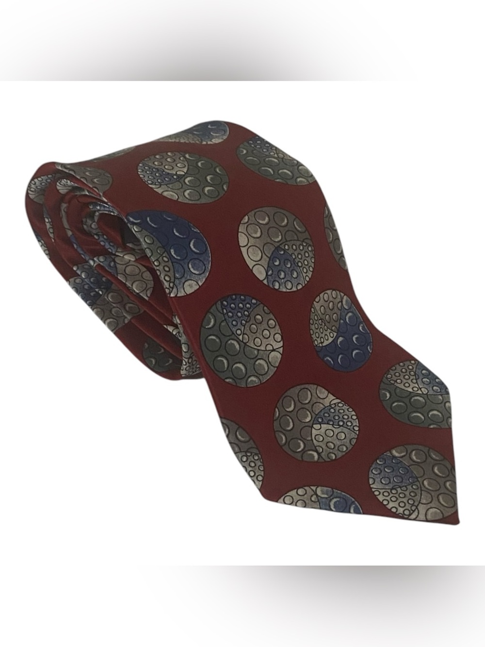 Christian Dior Burgundy Silk Tie Blue and Silver Circle Motif